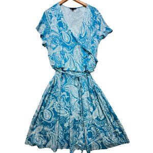Land's End Women's Wrap Midi Dress Cap Sleeve Tie Waist Sz 2X Blue White Paisley